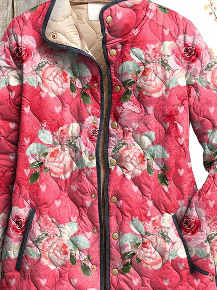 Women's Charming Pink Floral Printed Casual Quilted Jacket (Pre-order, see description)