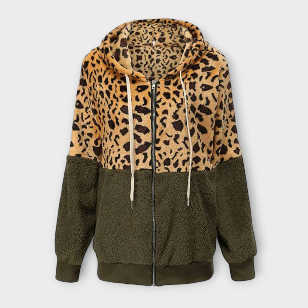 Lea - Fleece Jacket with Hood in Leopard Print