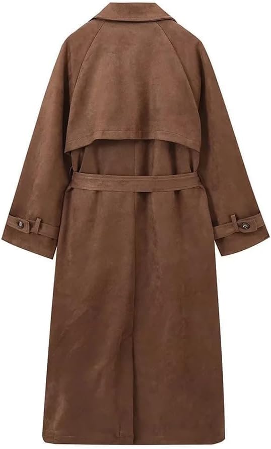 Tugce™  | Faux Suede Trench Coat Long Suede Leather Jacket Double Breasted Pea Coat with Belt