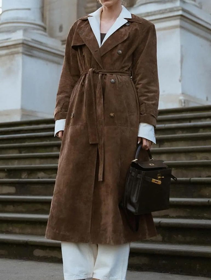 Tugce™  | Faux Suede Trench Coat Long Suede Leather Jacket Double Breasted Pea Coat with Belt