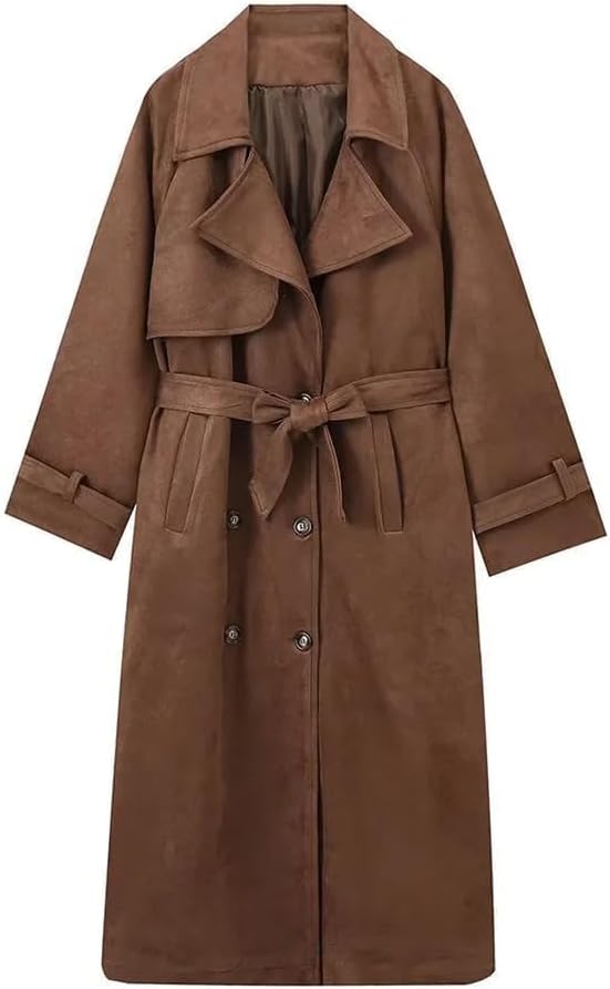 Tugce™  | Faux Suede Trench Coat Long Suede Leather Jacket Double Breasted Pea Coat with Belt