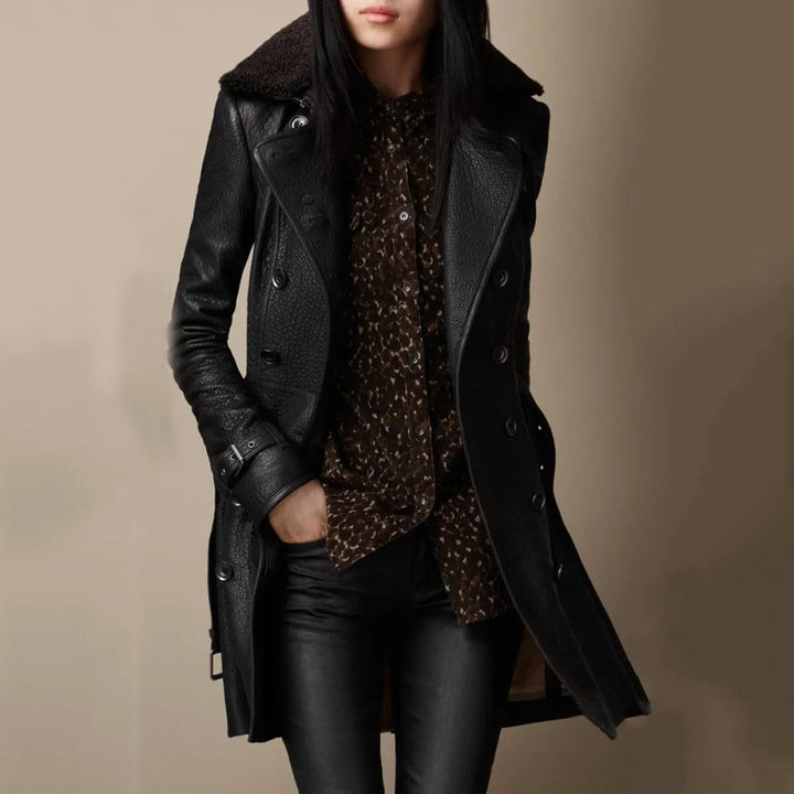 Amicie | Long Leather Coat with Fur Collar for Women