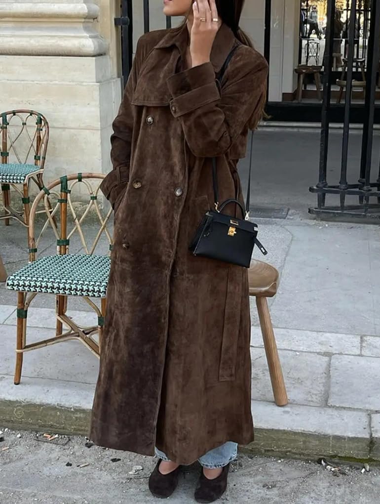 Tugce™  | Faux Suede Trench Coat Long Suede Leather Jacket Double Breasted Pea Coat with Belt