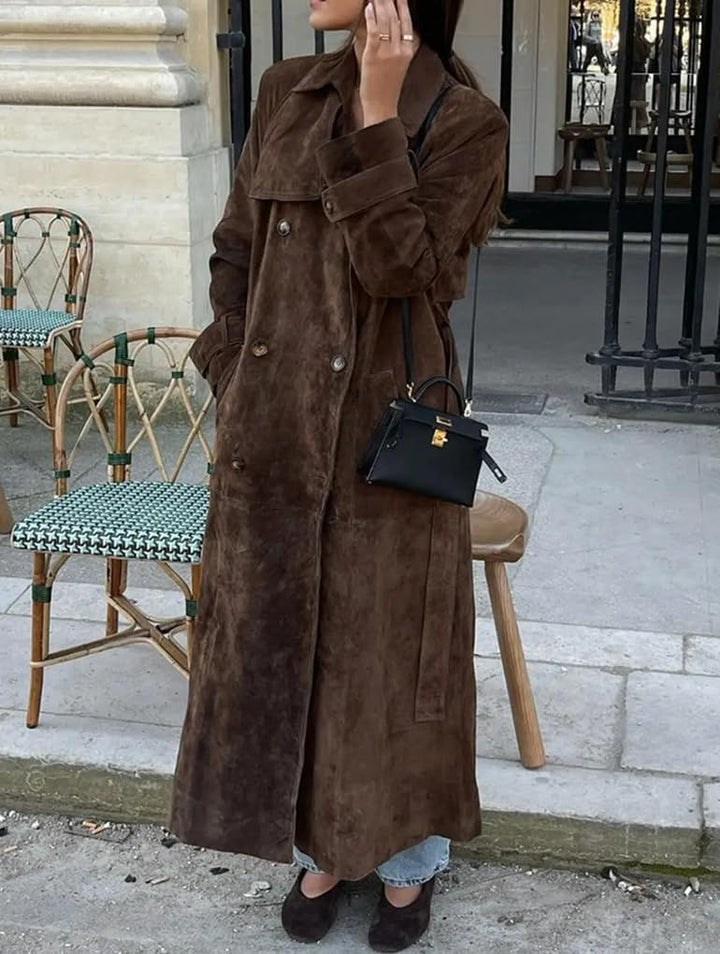 Tugce™  | Faux Suede Trench Coat Long Suede Leather Jacket Double Breasted Pea Coat with Belt