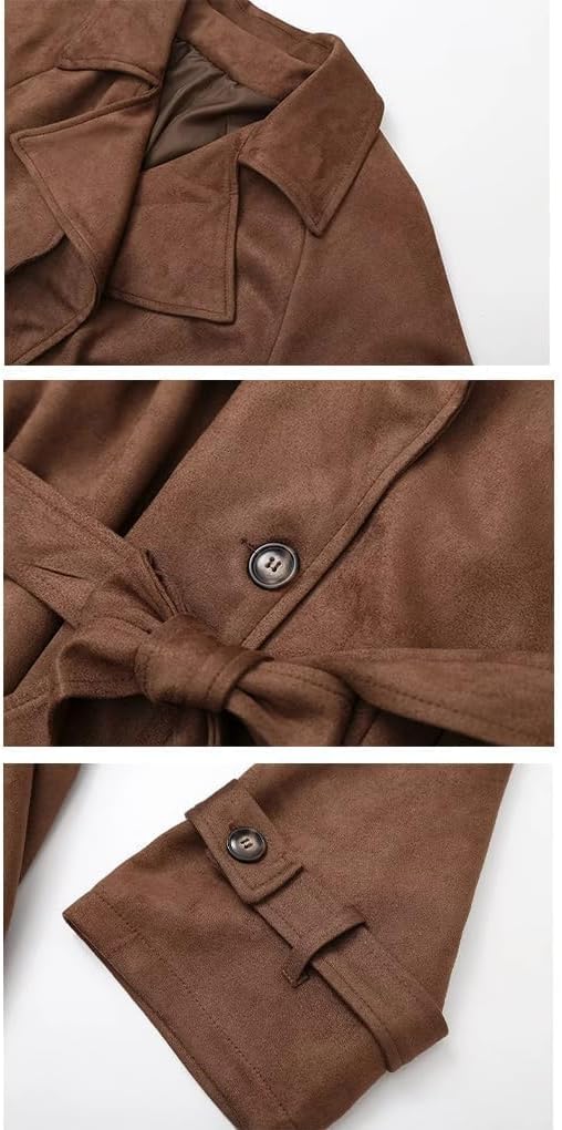 Tugce™  | Faux Suede Trench Coat Long Suede Leather Jacket Double Breasted Pea Coat with Belt