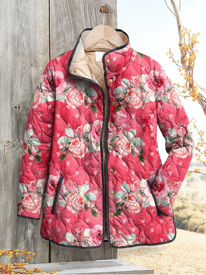 Women's Charming Pink Floral Printed Casual Quilted Jacket (Pre-order, see description)