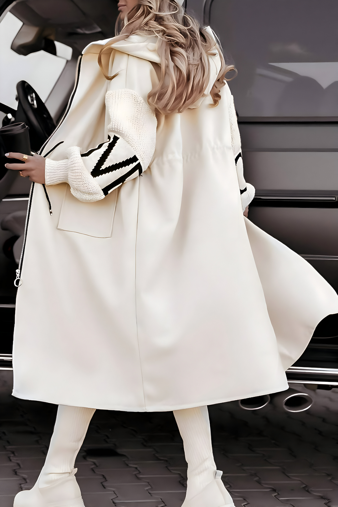 Annick | Long Hooded Coat with Knitted Sleeves for Women