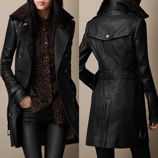 Amicie | Long Leather Coat with Fur Collar for Women