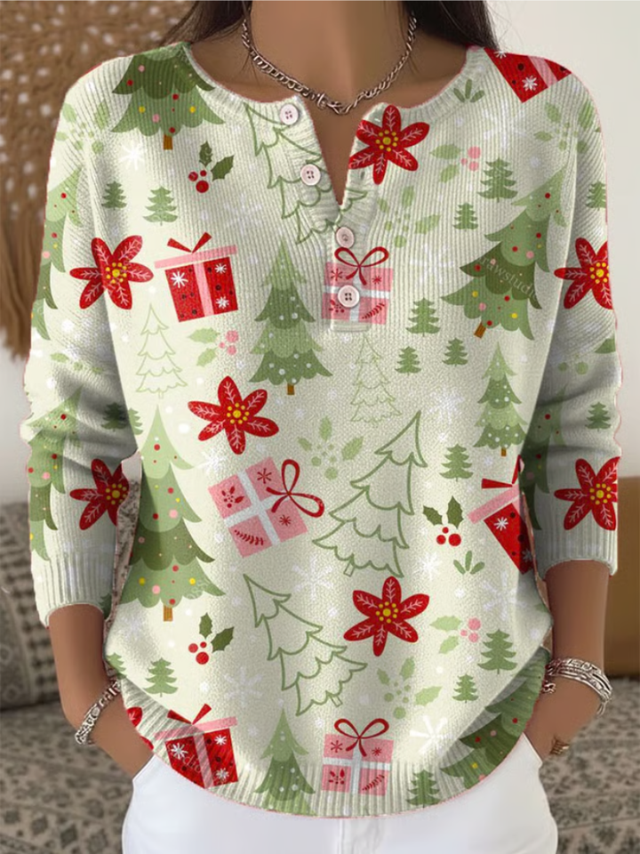 Hanna - Christmas Sweater with Gift and Christmas Tree Print