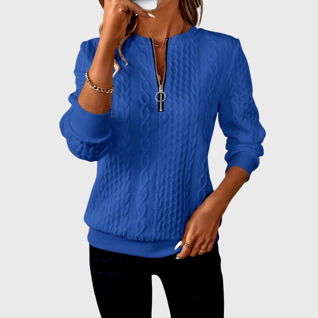 Elena - Women's Sweater with Zipper and Knitted Pattern