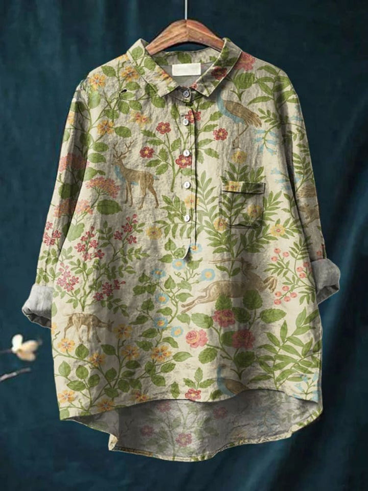 Vintage Woman Floral Animals Art Print Casual Shirt