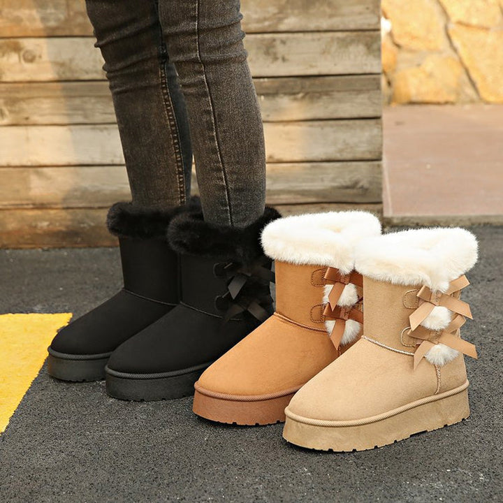 Classic Platform Lace-Up Boots for Women with Plush Bow