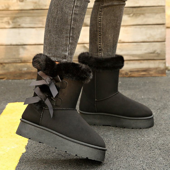 Classic Platform Lace-Up Boots for Women with Plush Bow