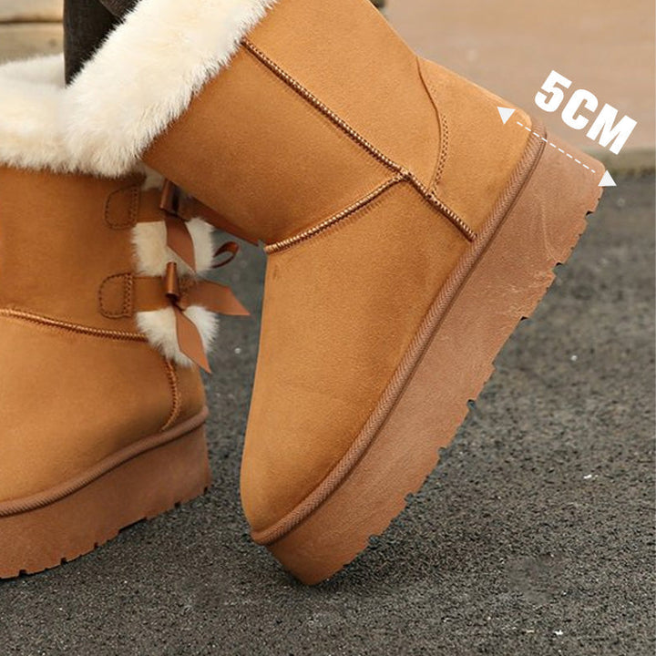 Classic Platform Lace-Up Boots for Women with Plush Bow