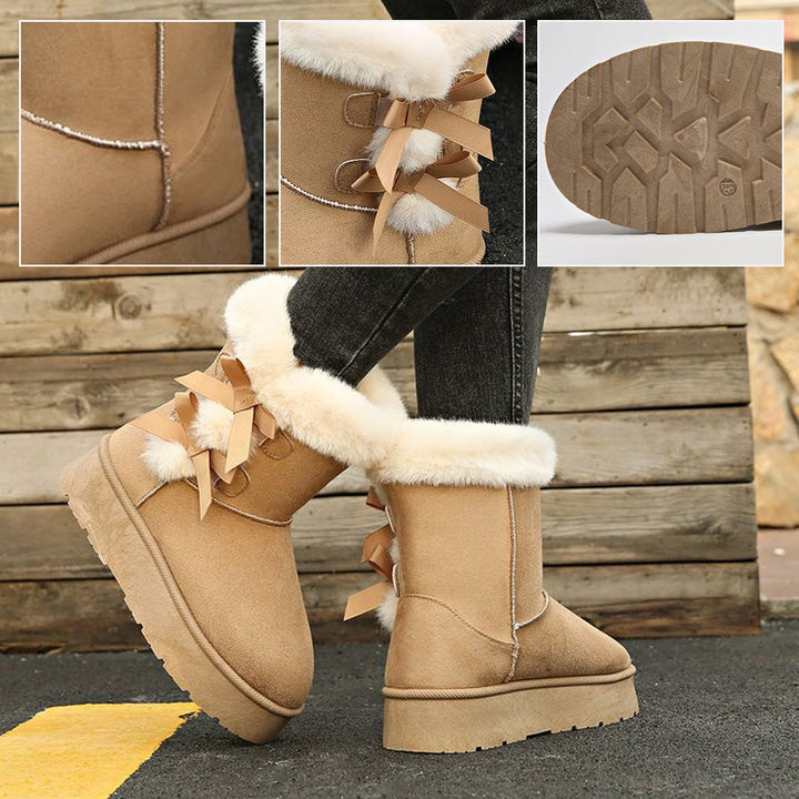 Classic Platform Lace-Up Boots for Women with Plush Bow