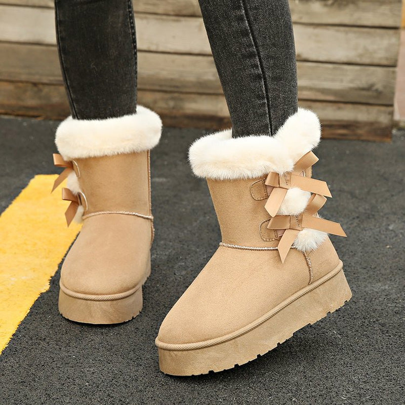 Classic Platform Lace-Up Boots for Women with Plush Bow