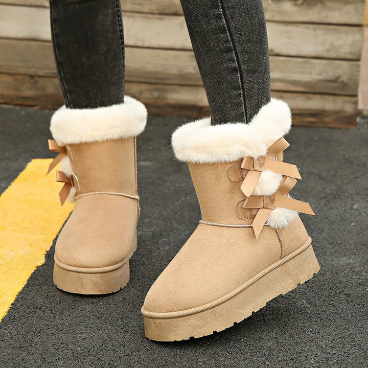 Classic Platform Lace-Up Boots for Women with Plush Bow