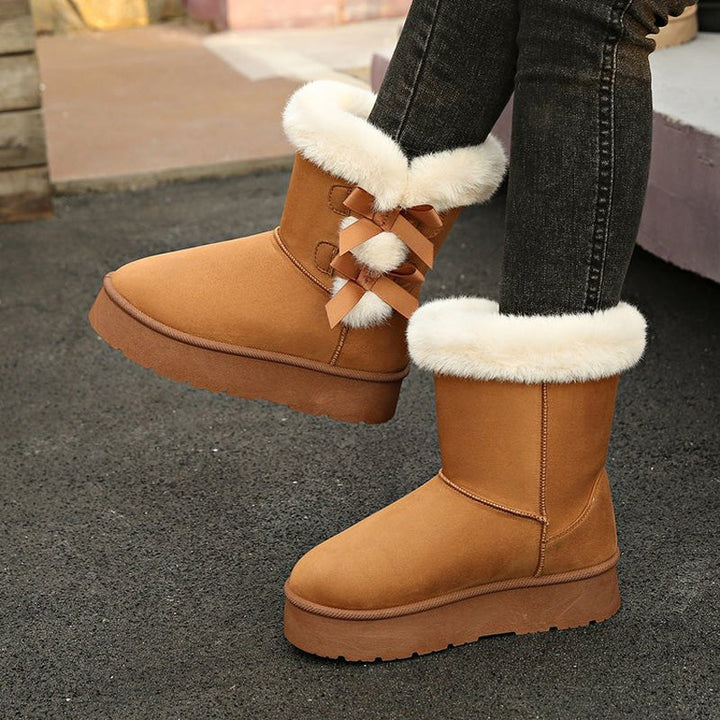 Classic Platform Lace-Up Boots for Women with Plush Bow
